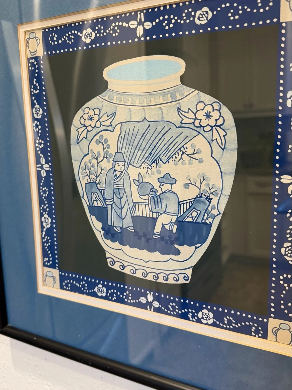 Framed Blue & White Chinoiserie Ginger Jar Art 15”